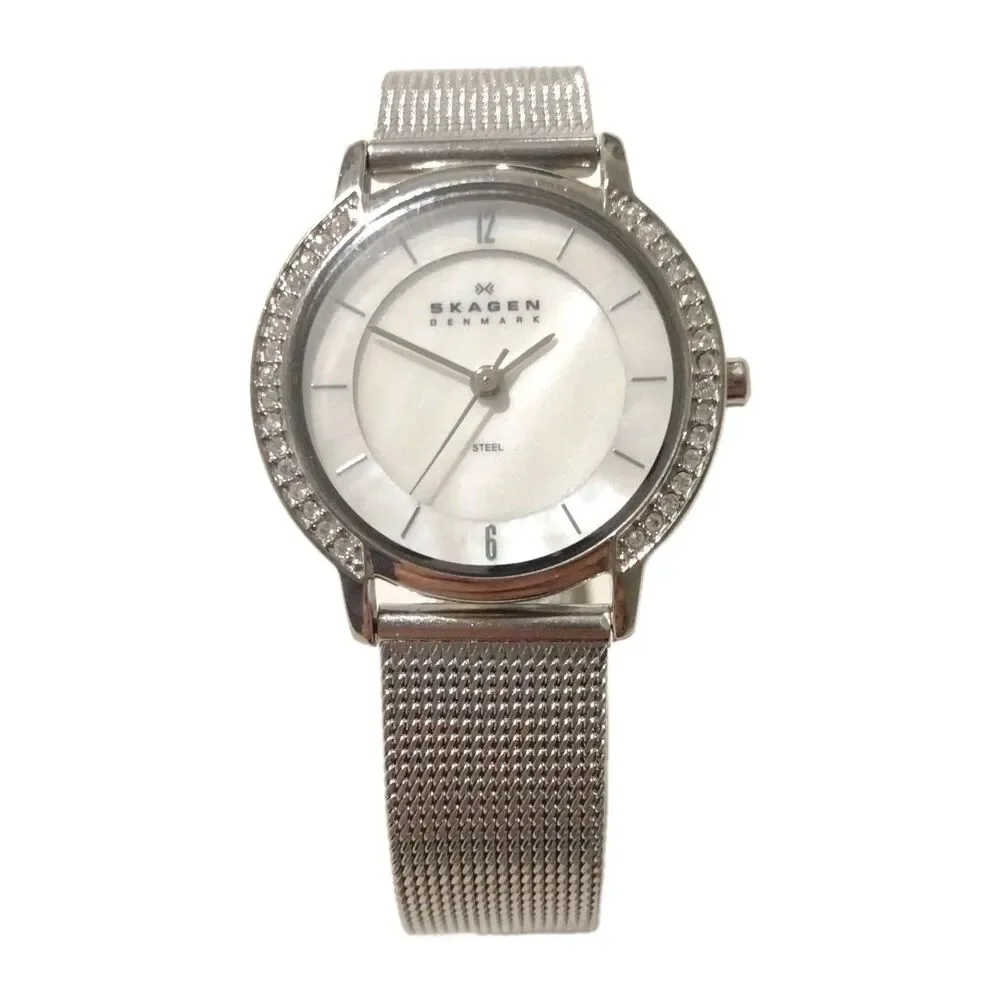 Skagen Denmark Womens Silver Mesh Band Crystal Bezel Quartz Watch 804SSS 28mm